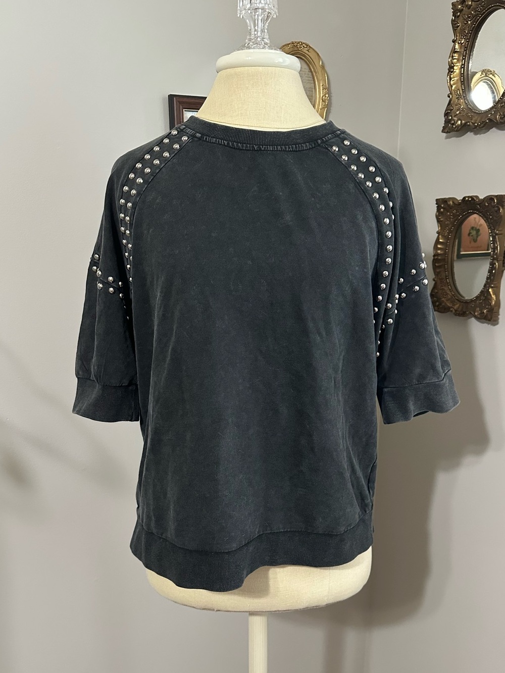 Washed Black Studded Short Sleeve Tee - Women's Casual Top - Picture 2 of 6